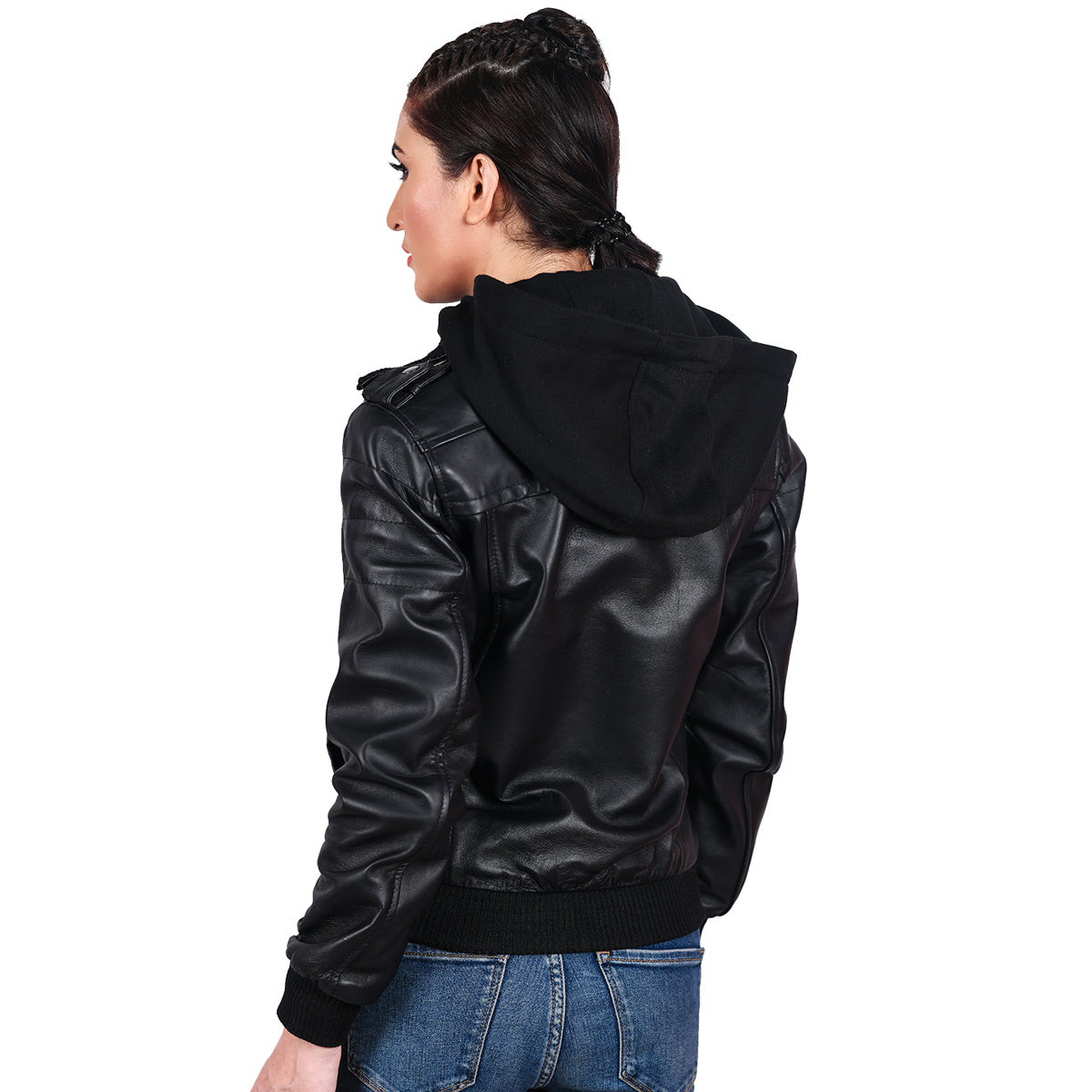 Womens Black Hooded Bomber Leather Jacket