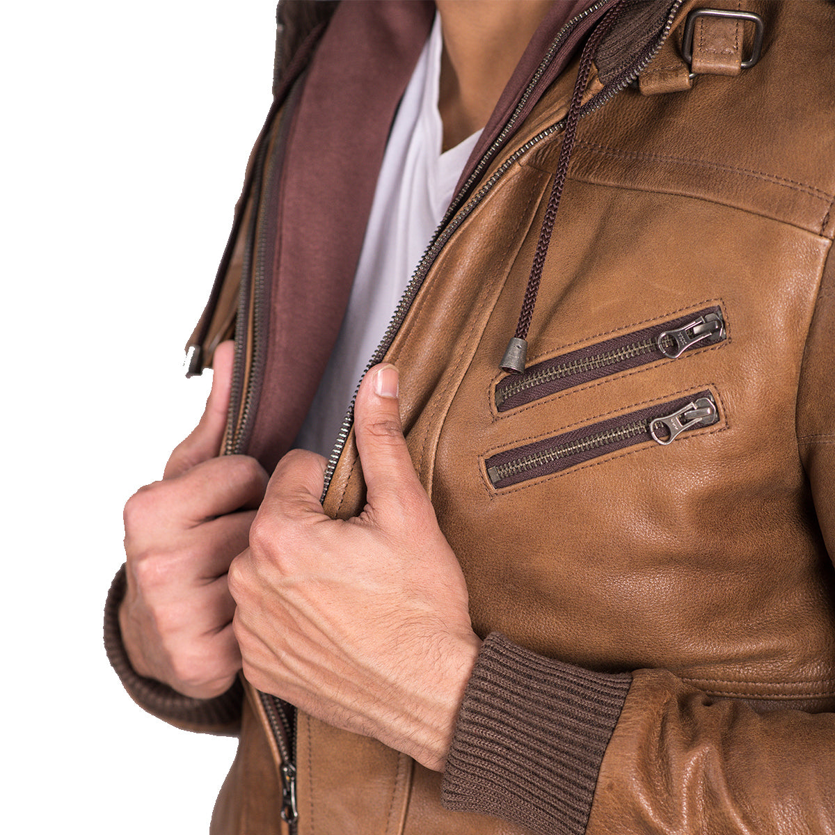 Leather Jacket with Removable Hood Brown