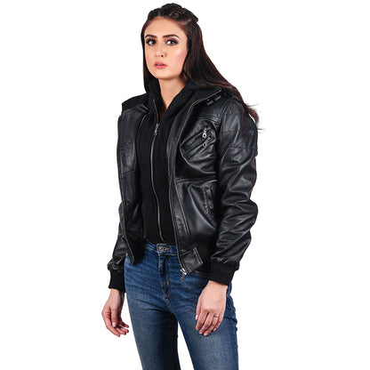 Womens Black Hooded Bomber Leather Jacket