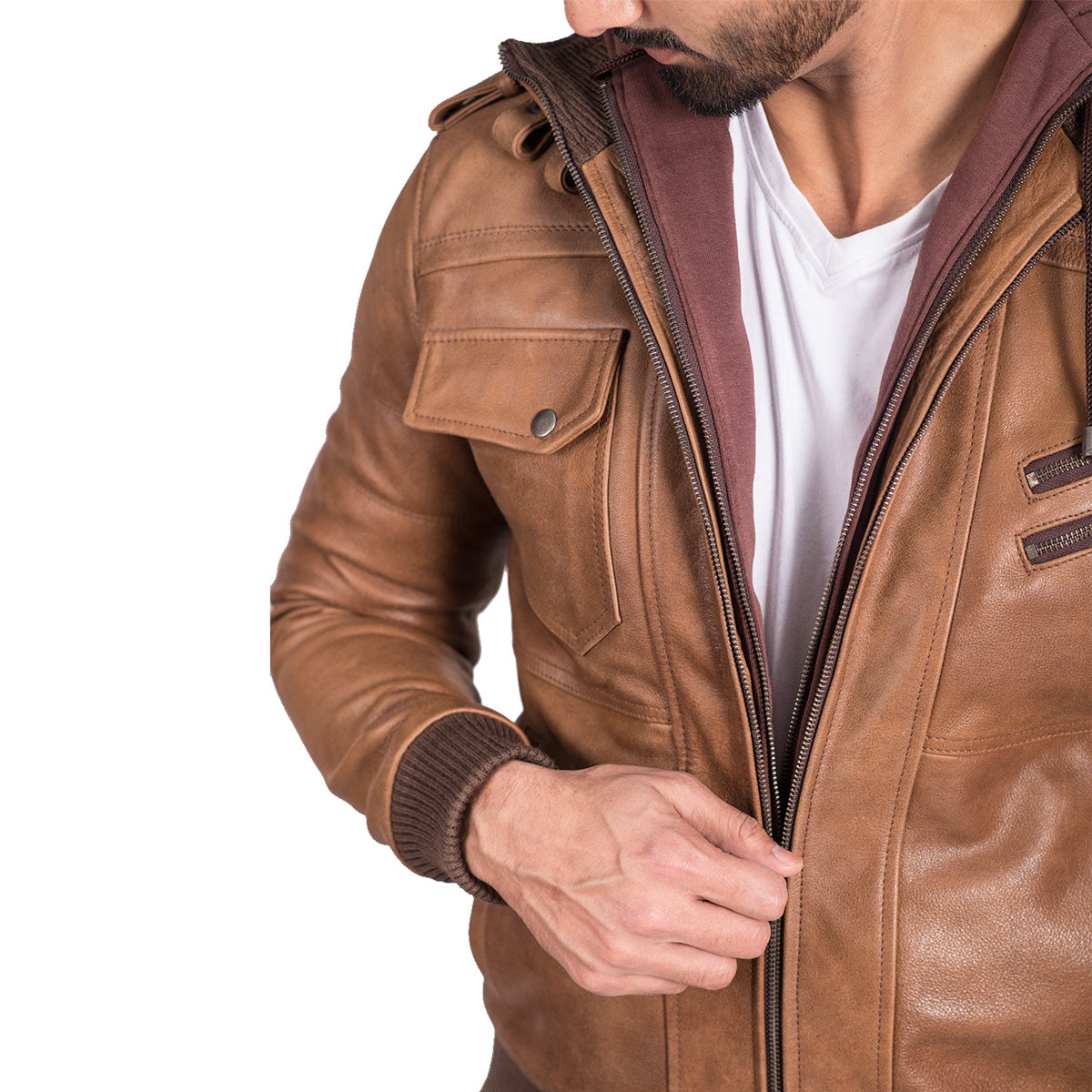 Leather Jacket with Removable Hood Brown