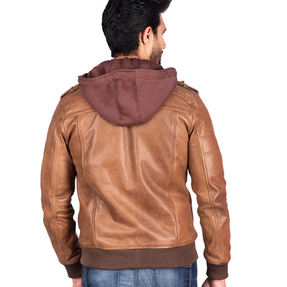 Leather Jacket with Removable Hood Brown