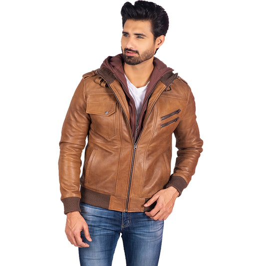 Brown Leather Jacket with Removable Hood