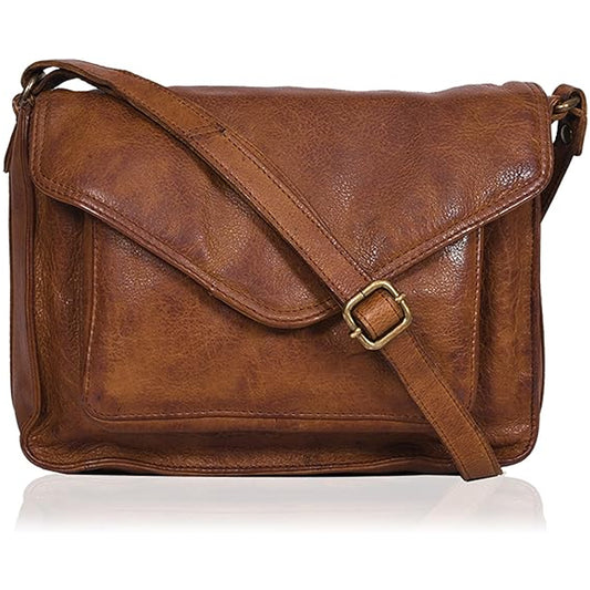 Leather Flapover Crossbody Handbag Purse for Women with Adjustable Strap