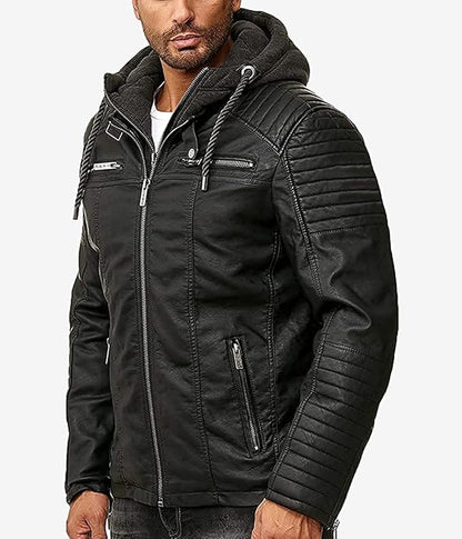 Hooded Leather Jacket Men