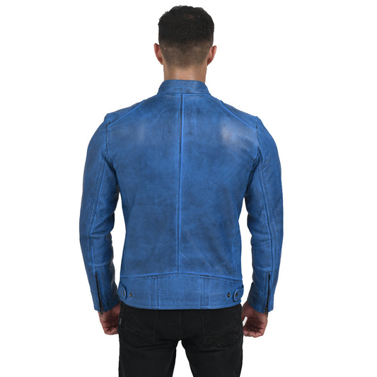 Mens Real Leather Distressed Blue Cafe Racer Jacket