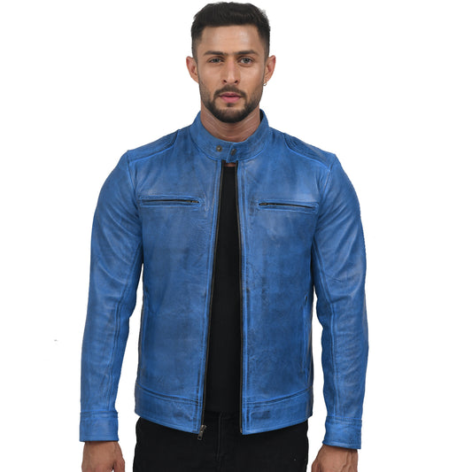 Mens Real Leather Distressed Blue Cafe Racer Jacket