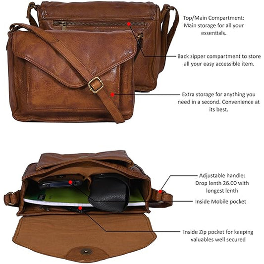 Leather Flapover Crossbody Handbag Purse for Women with Adjustable Strap